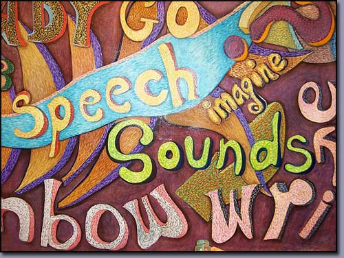 closeup of the detailed brush strokes in the  Troy Michigan "Words at Play" mural created for a  children's speech therapy class